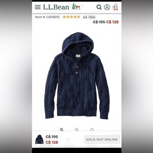 L.L. Bean Men's M Pullover NAVY Hoodie Organic Cotton Fisherman Sweater 518210